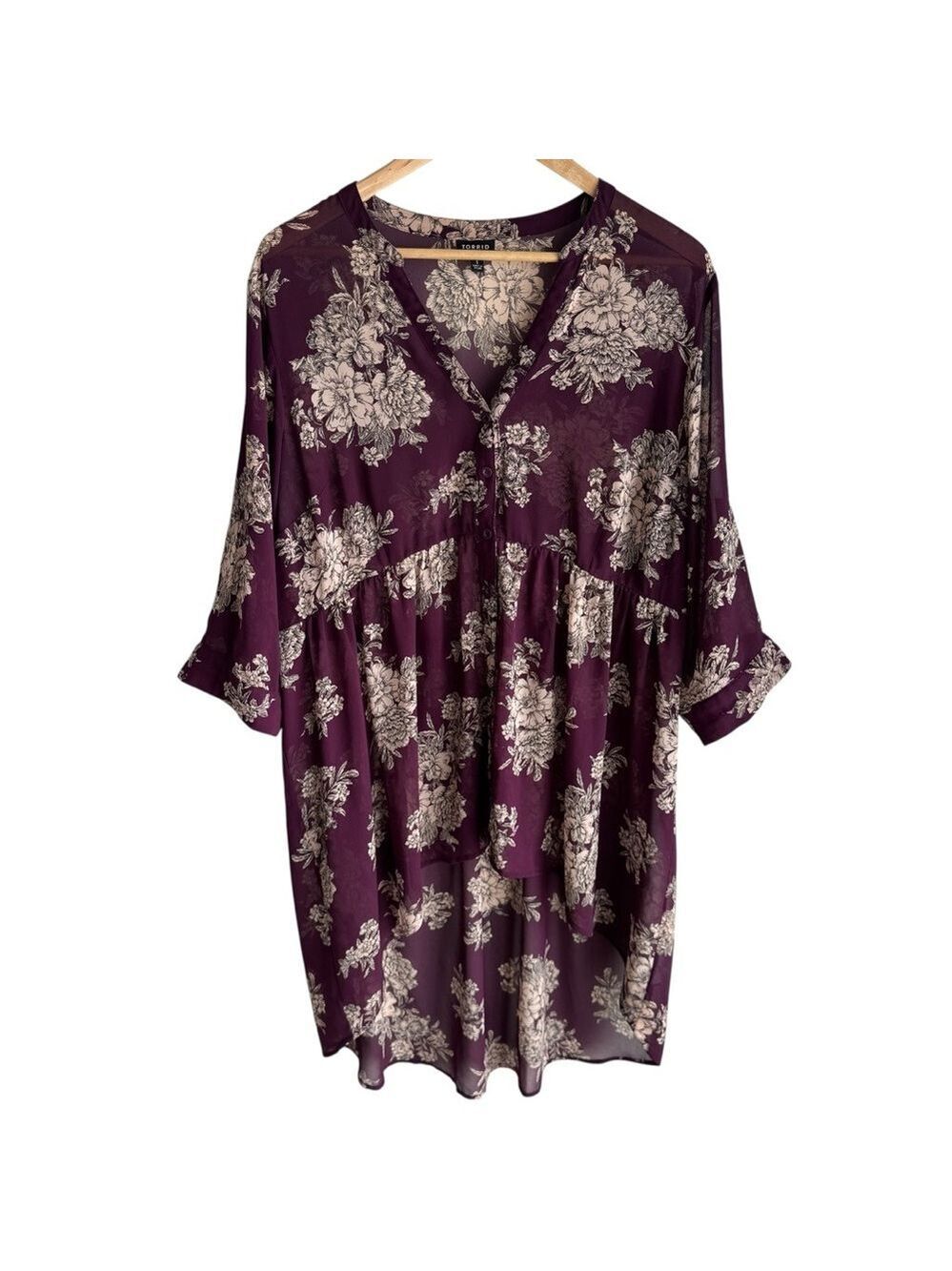 Torrid Sheer Floral Tunic Top Sz 1 Burgundy Longline High Low Blouse Boho Classy